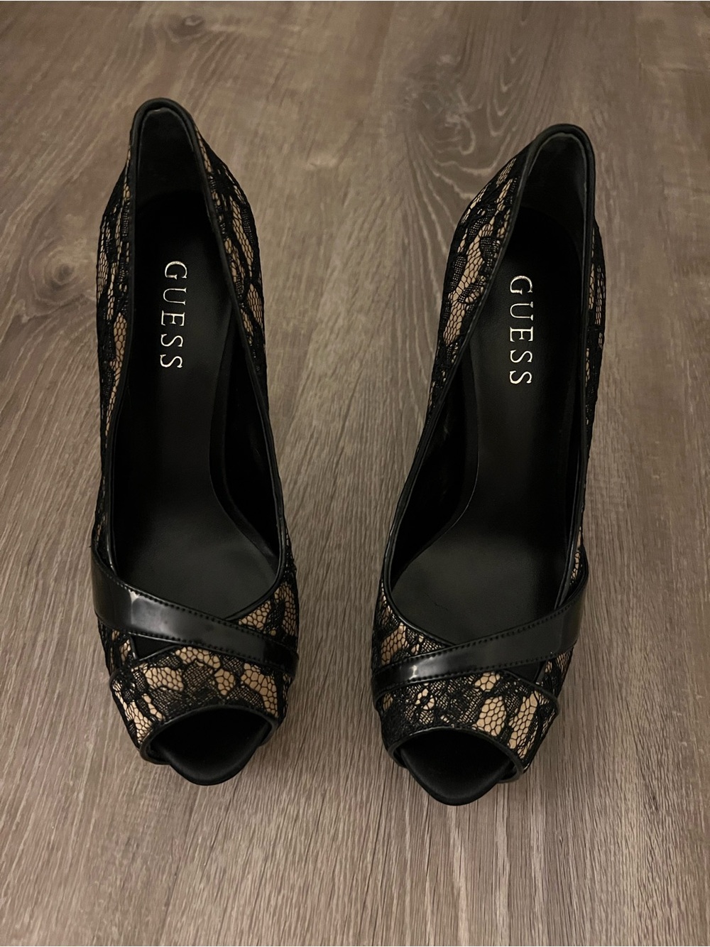 G by Guess Black Lace Peep-Toe Heels